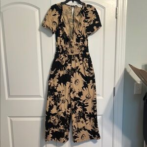 Anthropologie Black and Tan Floral Jumpsuit Wide-Leg